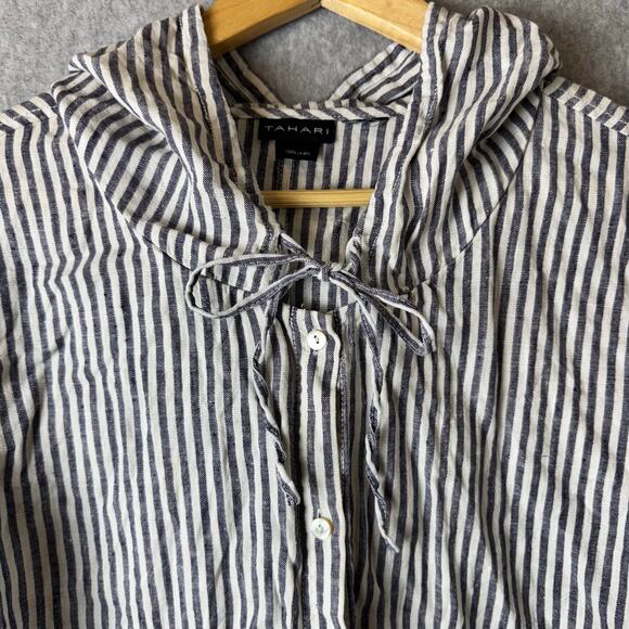 Tahari 100% Linen Button Down Shirt Womens XL Striped Hooded Lagenlook Coastal - Picture 3 of 12
